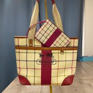 Coach Plaid Tote Bag with Matching Pouch - Fuchsia and Cream.